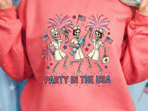Nurse Skeleton Party USA Rhinestone Tshirt: A Playful Patriotic Design